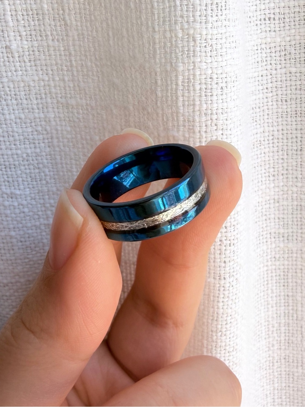 Blue Metallic Ring with Silver Inlay